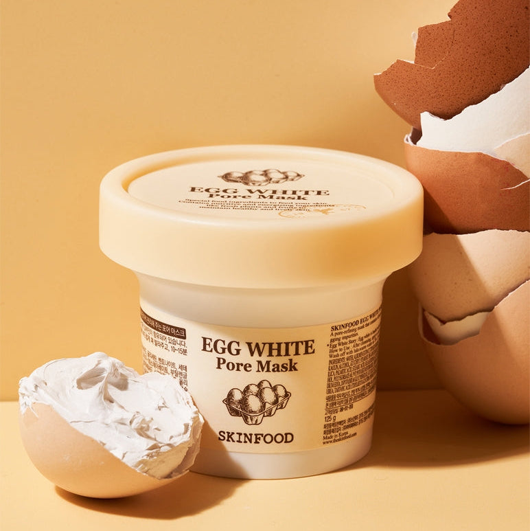 SKINFOOD Egg White Pore Mask 120g de la marque SKINFOOD, pot crème beige sur fond clair, effet masque à l’œuf.