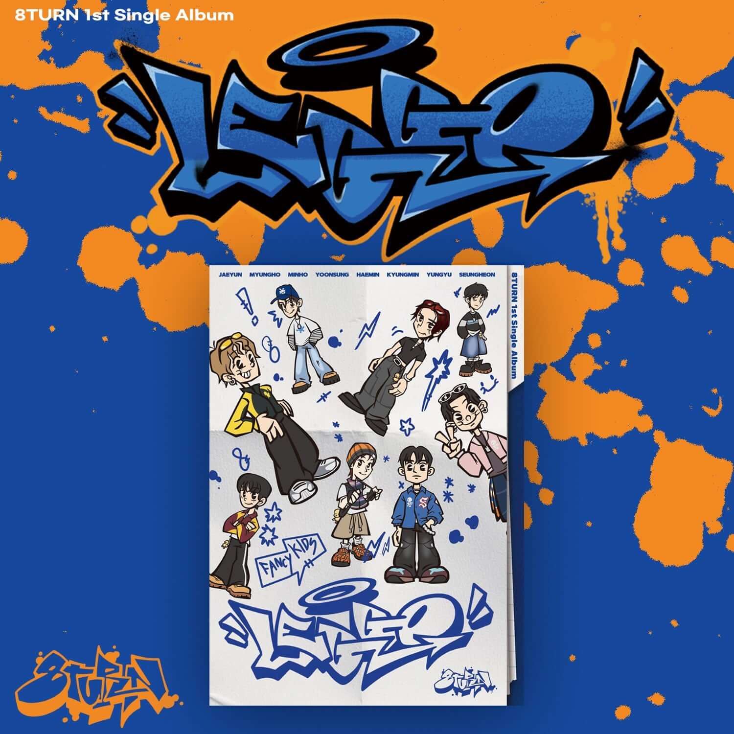 8TURN - [LEGGO] - Album Kpop de 8TURN, couverture graffiti orange/bleu avec illustrations du groupe