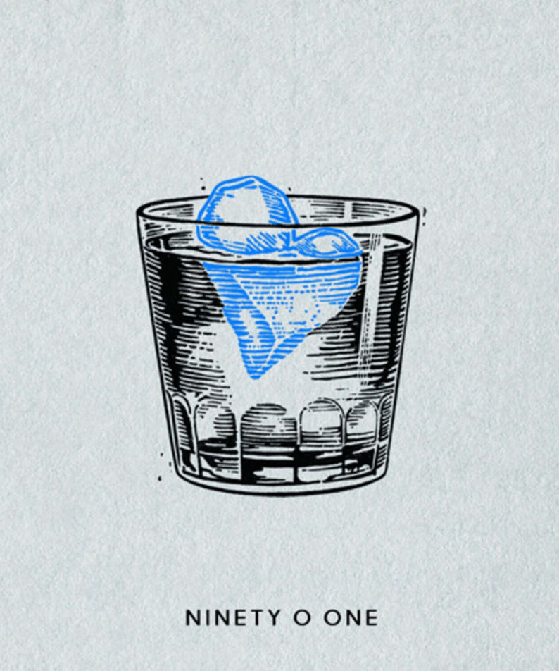 9001 (NINETY O ONE) - 1ST - Album Kpop : visuel NINETY O ONE, icône au verre, ambiance graphique minimaliste, marquage sur fond clair.