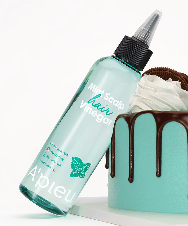 A'PIEU Mint Scalp Hair Vinegar 200ml : flacon menthe sur fond clair, marque A'PIEU et contexte spa capillaire.
