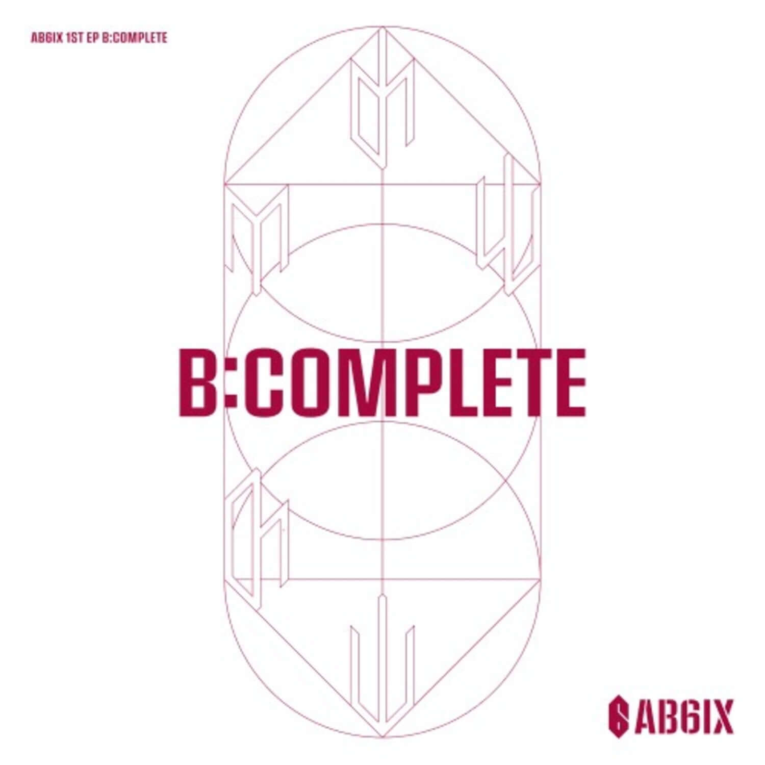 AB6IX - 1st Album [B:COMPLETE] I VER. - Album Kpop, couverture B:COMPLETE rose/blanc, style graphique minimal, marquage AB6IX.