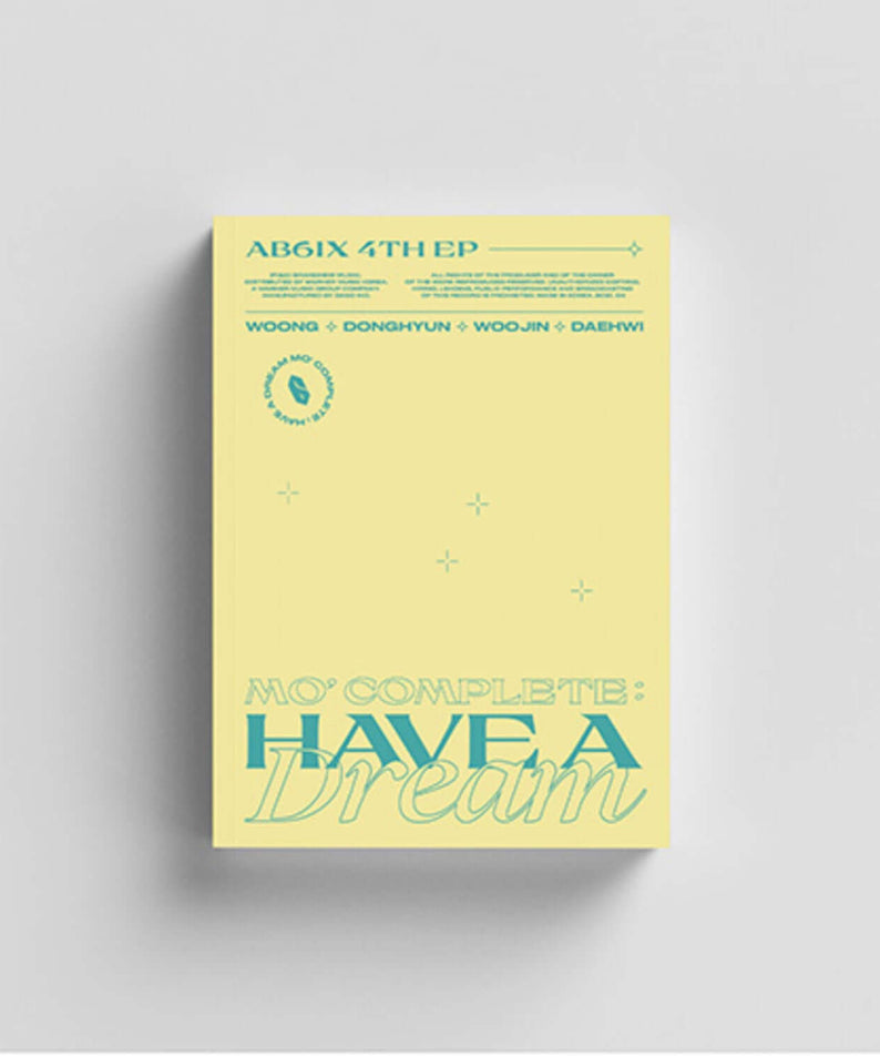 AB6IX - 4TH EP [MO’ COMPLETE : HAVE A DREAM] (DREAM Ver.) - Album Kpop, jaquette jaune avec étoiles sur fond gris.
