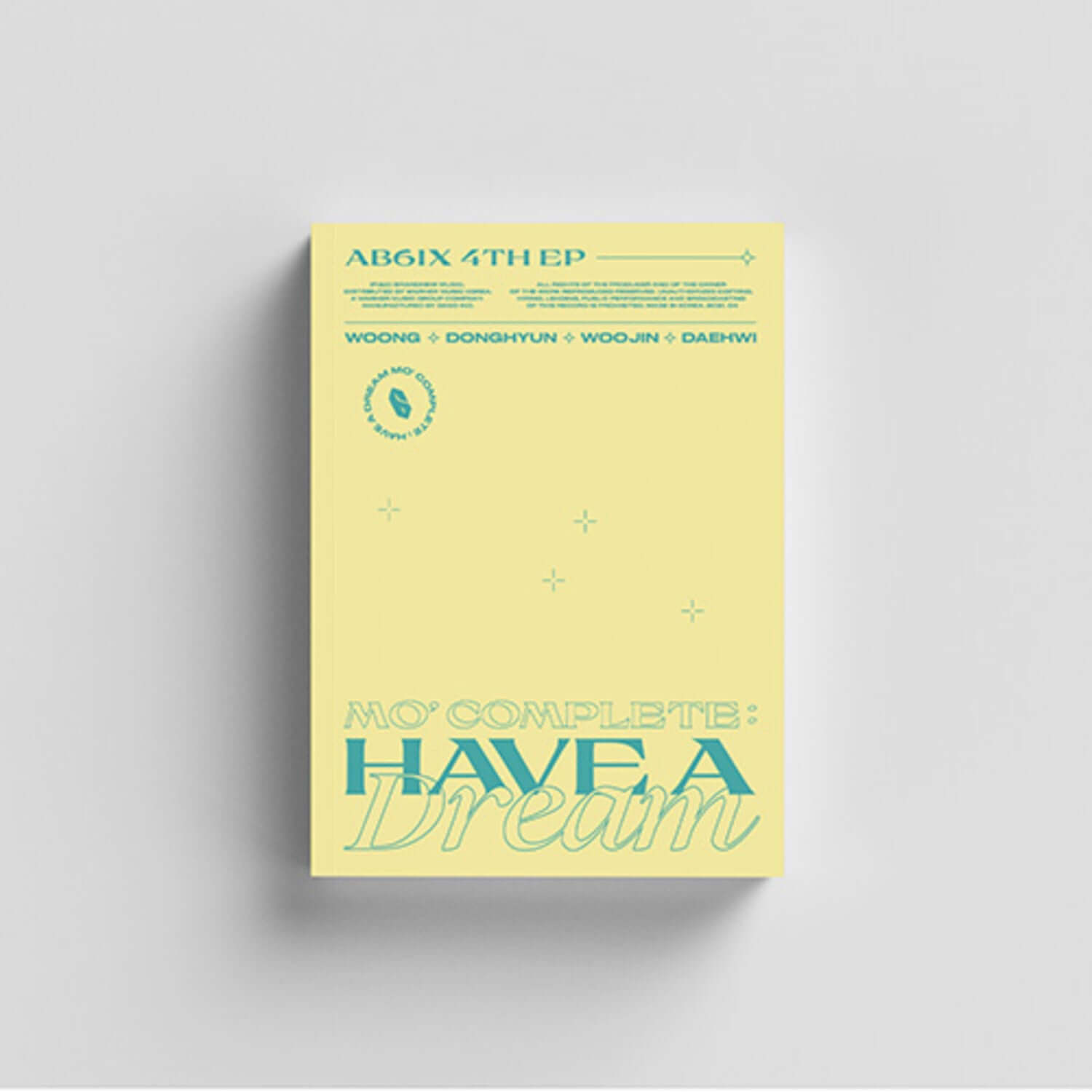 AB6IX - 4TH EP [MO’ COMPLETE : HAVE A DREAM] (DREAM Ver.) - Album Kpop, jaquette jaune avec étoiles sur fond gris.