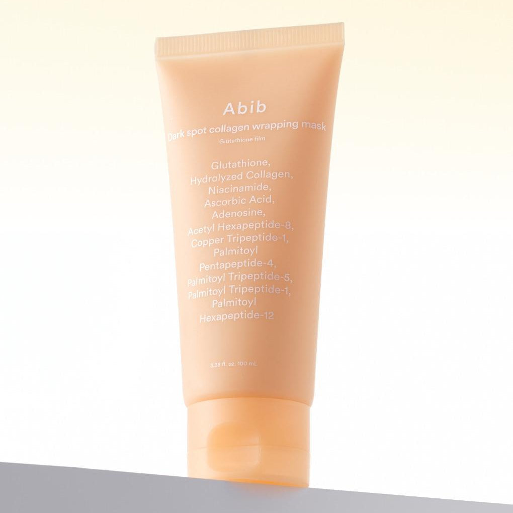 ABIB  Blemish Collagen Wrapping Mask Glutathione Film 100ml, tube crème sur fond clair, produit beauté Abib