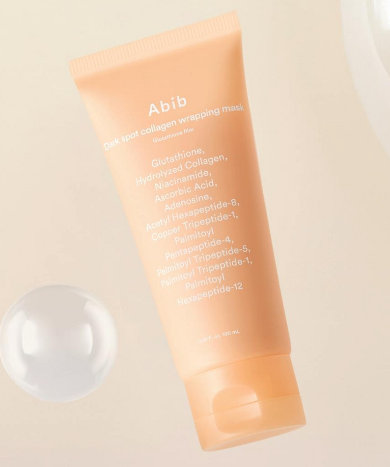 ABIB  Blemish Collagen Wrapping Mask Glutathione Film 100ml, tube crème Abib sur fond clair, gel texture en goutte.