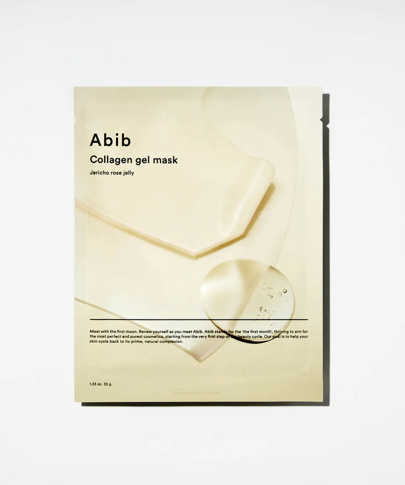 Décris l'image en français : ABIB Collagen Gel Mak Jericho Rose Jelly, masque gel Abib en sachet, produit sur fond blanc.