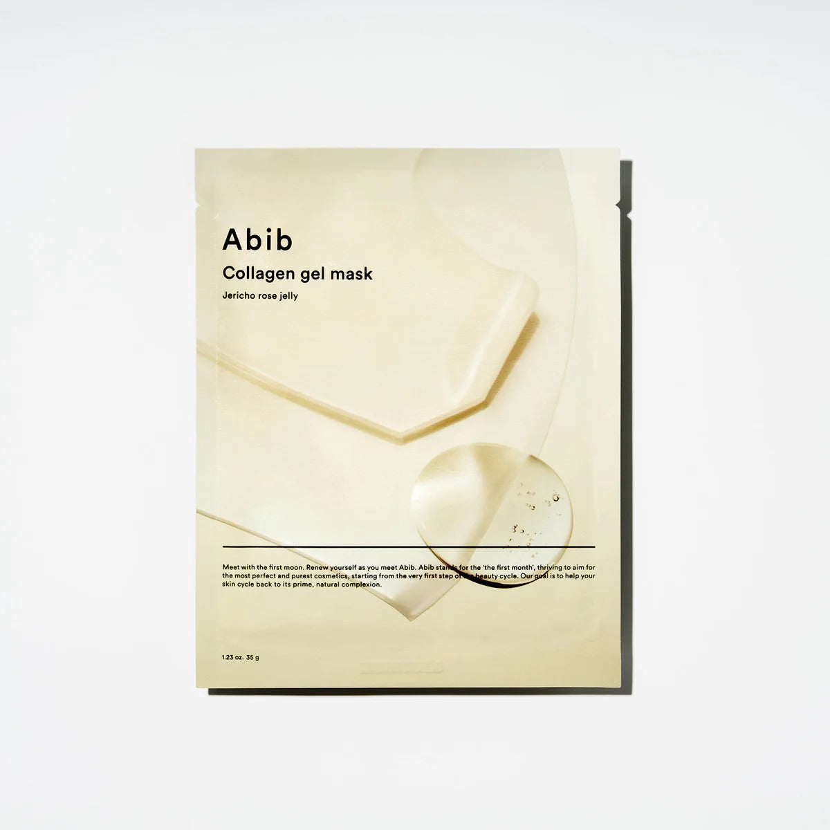 Décris l'image en français : ABIB Collagen Gel Mak Jericho Rose Jelly, masque gel Abib en sachet, produit sur fond blanc.