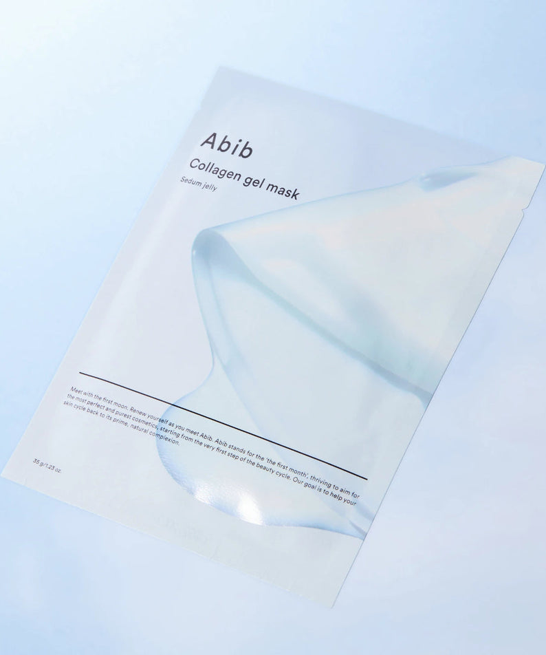 Décris l'image en français : ABIB  Collagen Gel Mask Moisture Jelly 35g, masque gel hydratant ABIB sur fond bleu clair.
