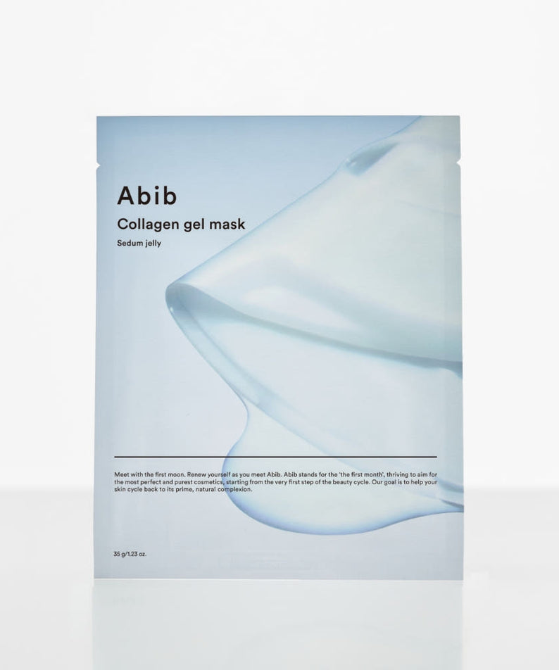 ABIB  Collagen Gel Mask Moisture Jelly 35g, gel collagène d’Abib, emballage bleu sur fond clair, contexte produit.