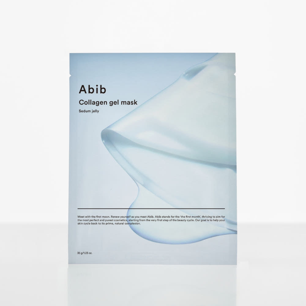 ABIB  Collagen Gel Mask Moisture Jelly 35g, gel collagène d’Abib, emballage bleu sur fond clair, contexte produit.