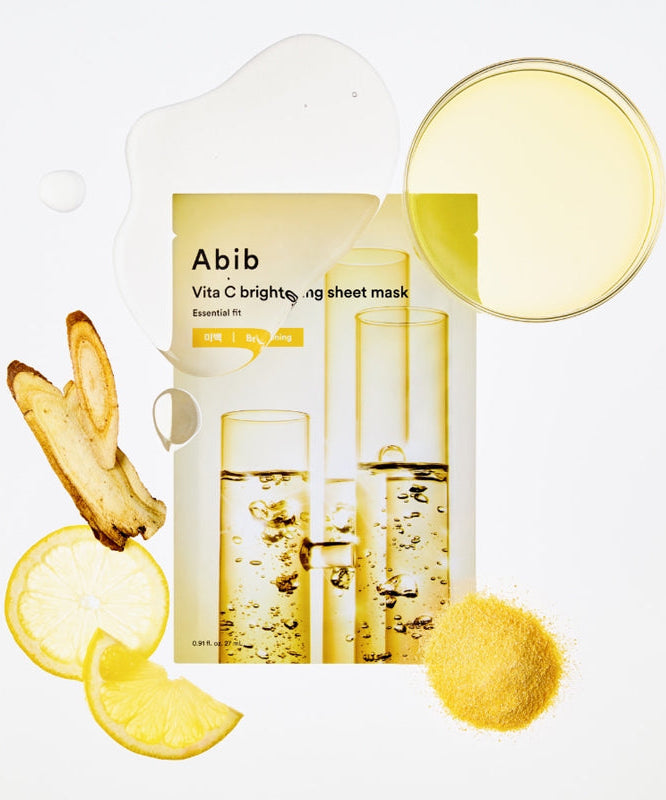 ABIB Essential Fit Vita C Brightening Sheet Mask d’Abib : masque en tissu sur fond blanc, agrumes et vitamine C, photo produit.