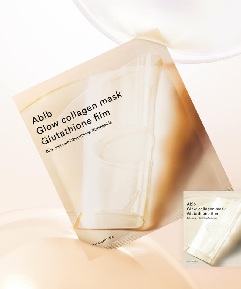 ABIB  Glow Collagen Glutathione Film 4 Sheets, masques en film sur fond clair, marque ABIB, présentation produit.