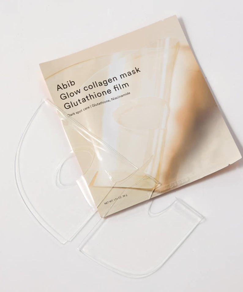 ABIB  Glow Collagen Glutathione Film 4 Sheets, pack beige sur fond clair avec feuilles masque film facial