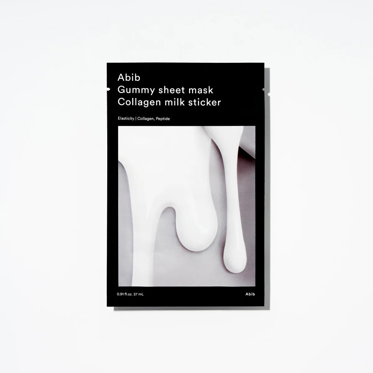 ABIB Gummy Sheets Mask Collagen Milk Sticker, masque en feuilles gélatineuses sur fond blanc, étui de la marque Abib.