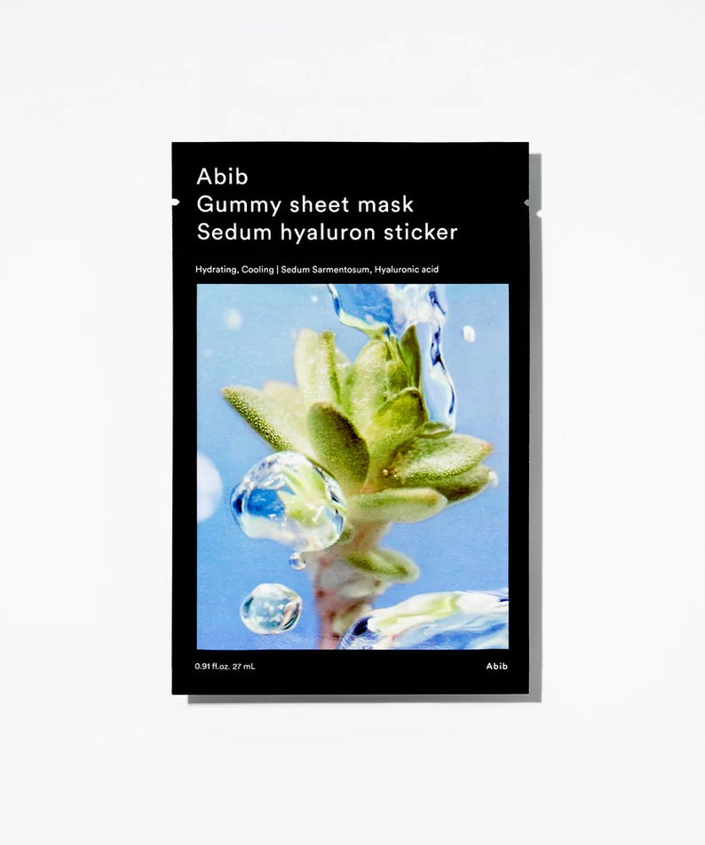 ABIB Gummy Sheets Mask Sedum Hyaluronic Sticker, pack de 10 feuilles, photo produit sur fond blanc, effet sédum et hydratation.