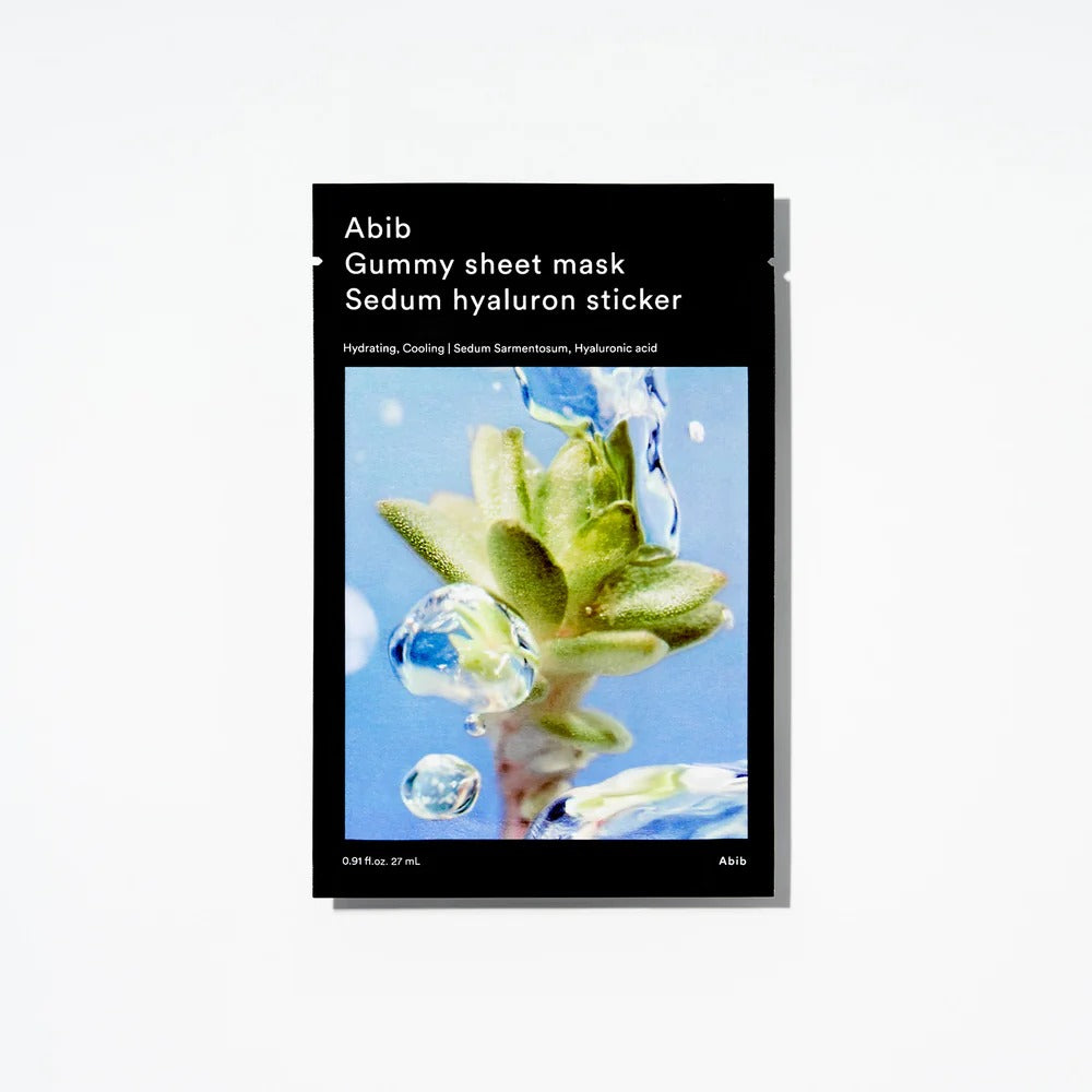 ABIB Gummy Sheets Mask Sedum Hyaluronic Sticker, pack de 10 feuilles, photo produit sur fond blanc, effet sédum et hydratation.