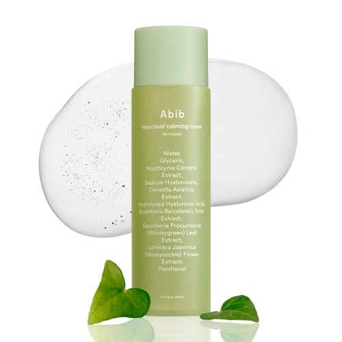 ABIB Houttuynia Cordata Calming Toner Skin Booster 200ml, flacon vert sur fond blanc avec feuilles, visuel produit