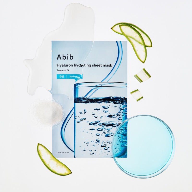 ABIB  Hyaluronic Acid Moisture Sheet Mask Essential Fit, masque visage en tissu hydratant avec gouttes d'eau et tranches de citron