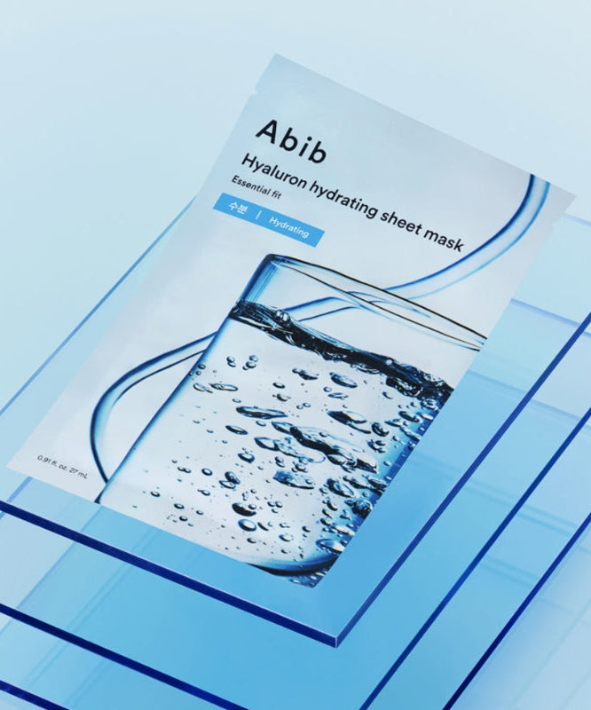 ABIB  Hyaluronic Acid Moisture Sheet Mask Essential Fit, masque visage hydratant de la marque Abib, pack bleu sur fond clair.