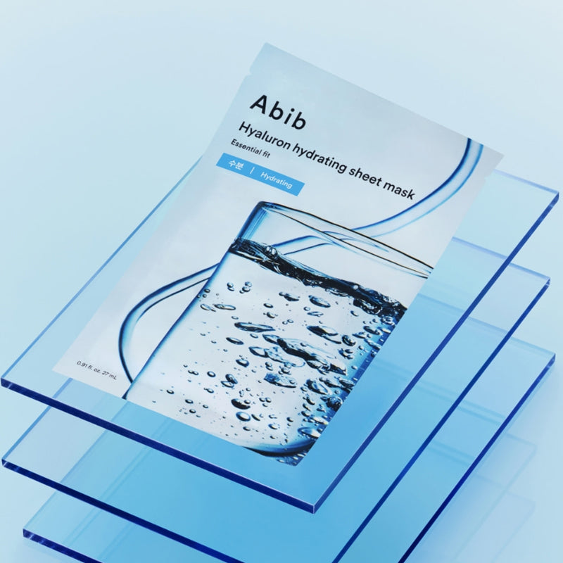 ABIB  Hyaluronic Acid Moisture Sheet Mask Essential Fit, masque visage hydratant de la marque Abib, pack bleu sur fond clair.