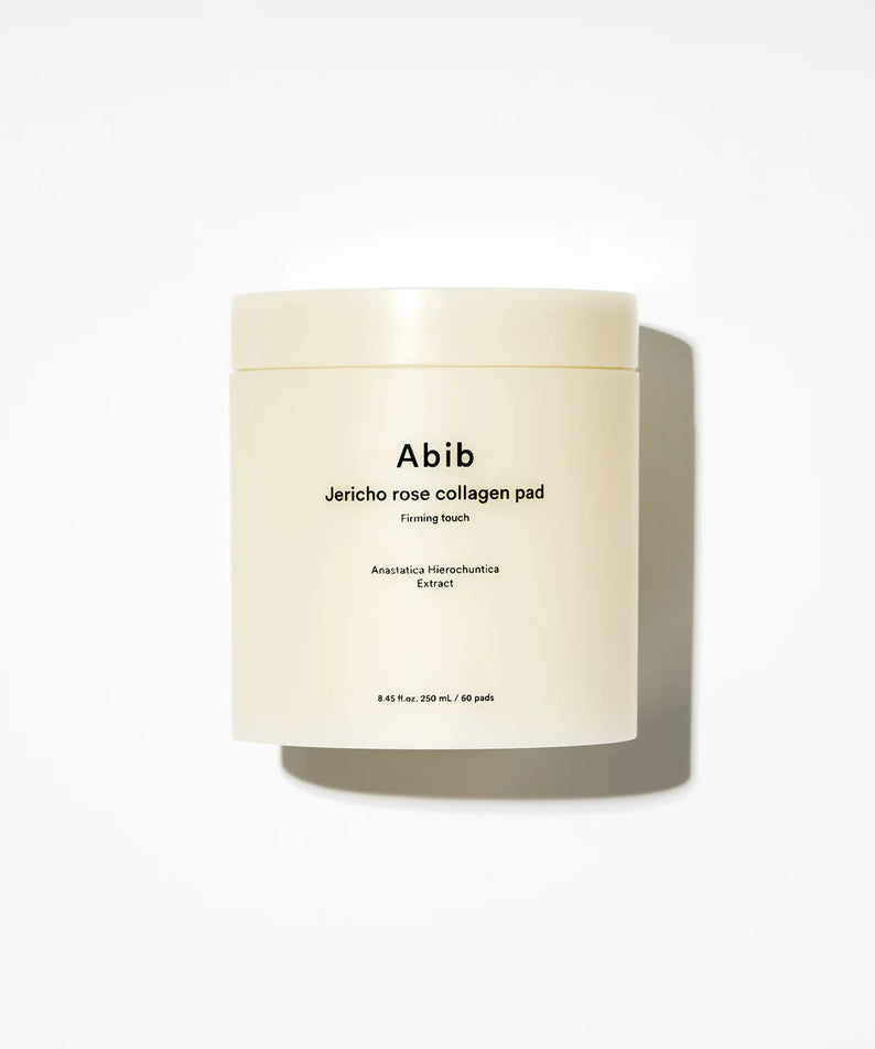 ABIB Jericho Rose Collagen Pad Firming Touch 60 Pads : pot crème rose collagène Abib sur fond blanc, visuel produit.