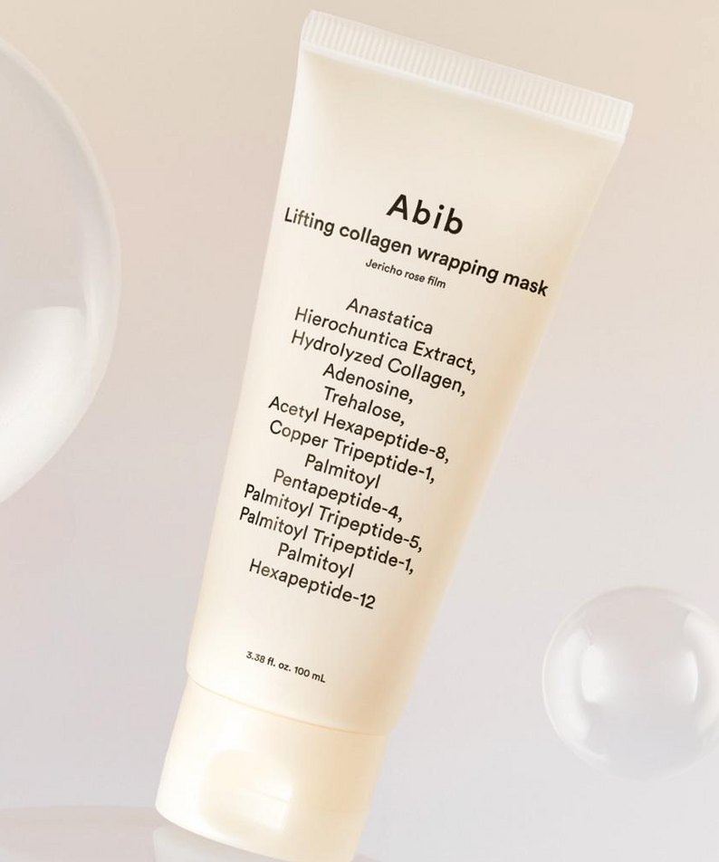 ABIB  Lifting Collagen Wrapping Mask Resurrection Film 100ml, tube cosmétique ABIB sur fond clair avec application