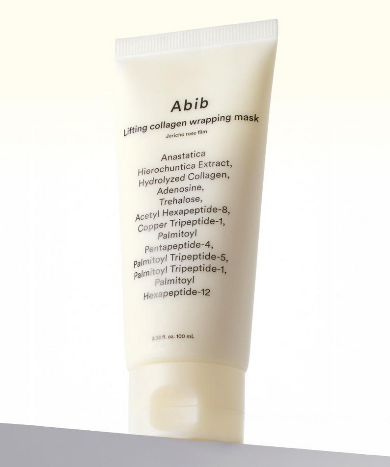 ABIB  Lifting Collagen Wrapping Mask Resurrection Film 100ml, tube crème blanc de la marque Abib sur fond clair.