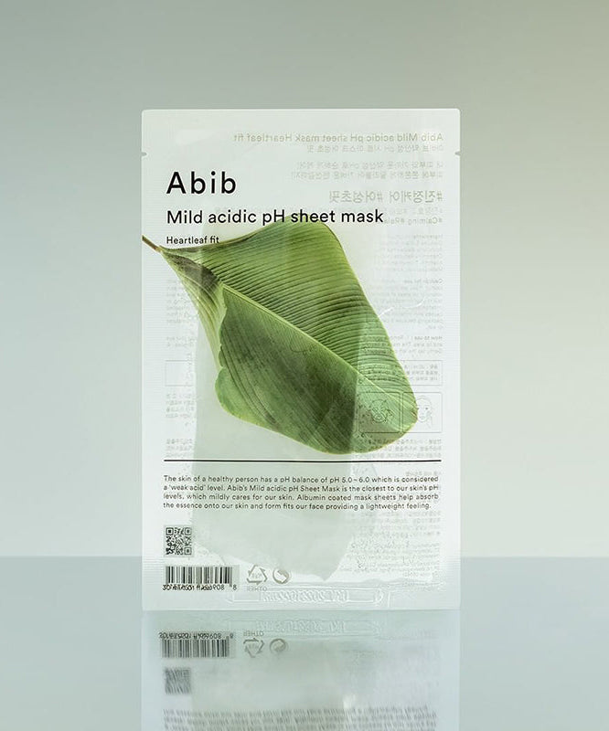 ABIB Mild Acidic pH Sheet Mask 30ml de la marque ABIB, masque en tissu vert sur fond clair.
