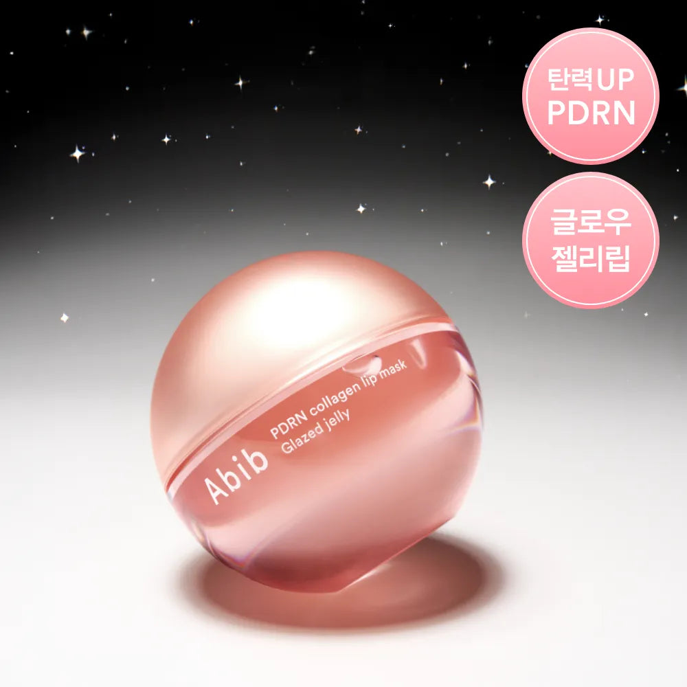 ABIB PDRN Collagen Lip Mask Glazed Jelly 11g de ABIB, masque lèvres rose glacé sur fond étoilé.
