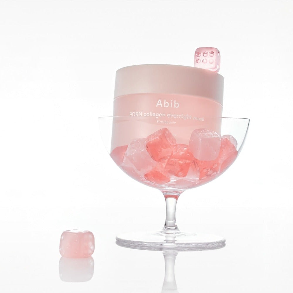 ABIB  PDRN Collagen Overnight Mask Firming Jelly 80ml, masque de nuit Abib, gel rosé en présentoir transparent, fond blanc