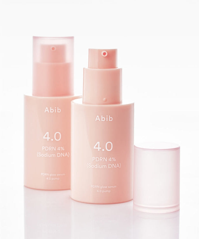 Décris l'image en français : ABIB  PDRN Glow Serum 30ml, flacons rose Abib sur fond blanc, esthétique soin visage.