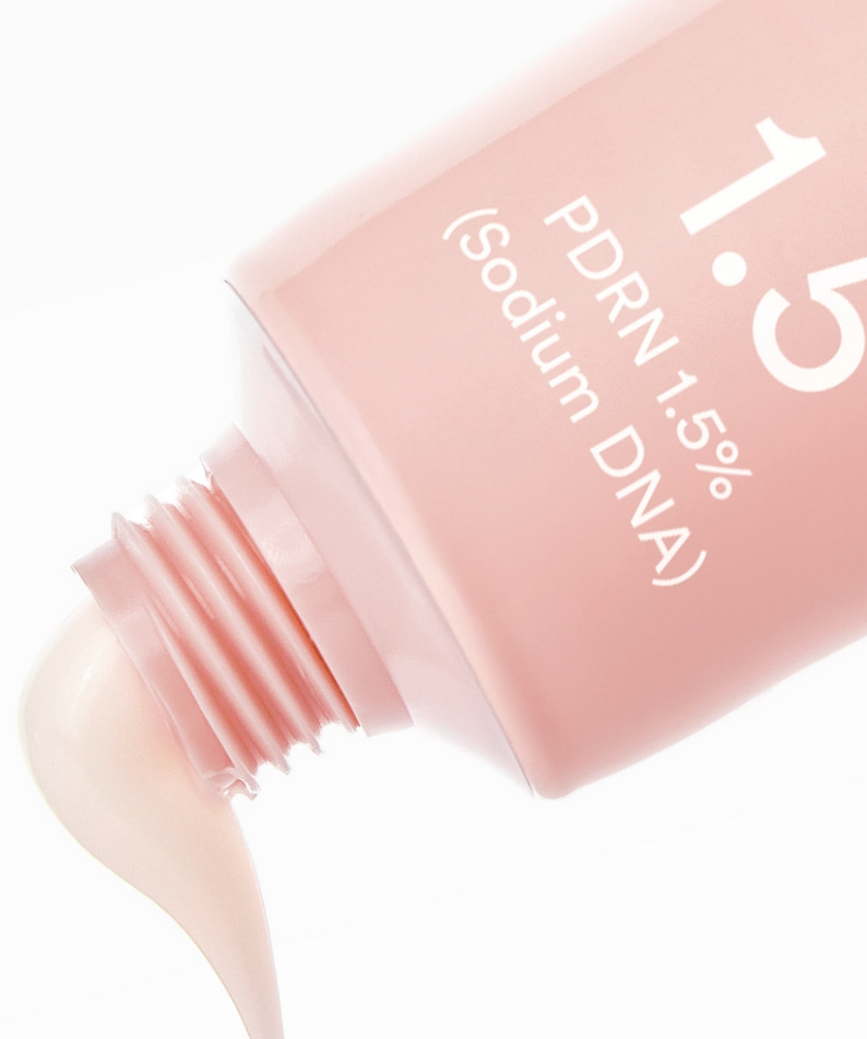 ABIB  PDRN Intensive Cream 1.5 Tubes 75ml, crème PDRN, flacon rose sur fond clair, texture appliquée en gros plan.