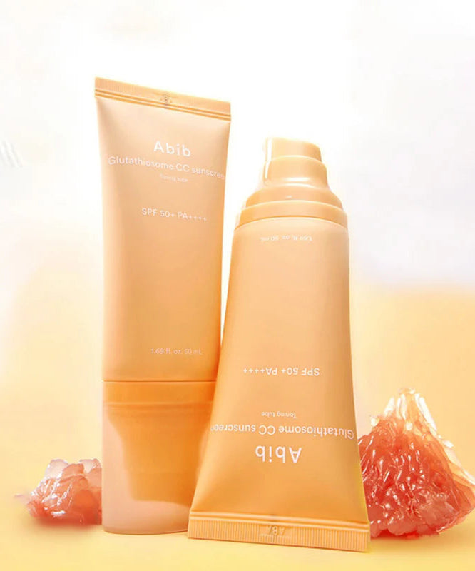 ABIB Sunscreen Tube 50ml 3 Types : tubes crème solaire ABIB, sur fond clair avec ingrédients naturels.