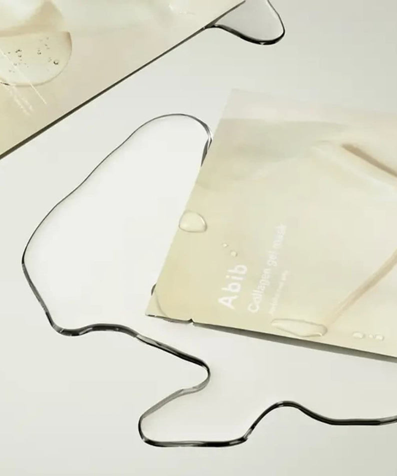 Pack de 10 feuilles ABIB Collagen Gel Mak Jericho Rose Jelly sur fond blanc avec éclat de gel transparent.