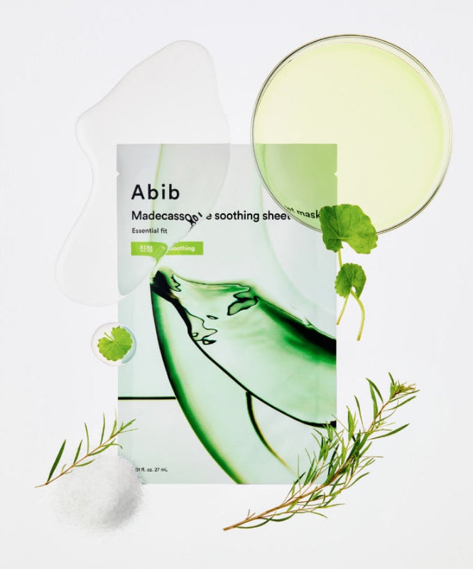 Masque ABIB Madecassoside Soothing Sheet Essential Fit; apaisant et hydratant pour la peau, avec extraits naturels.
