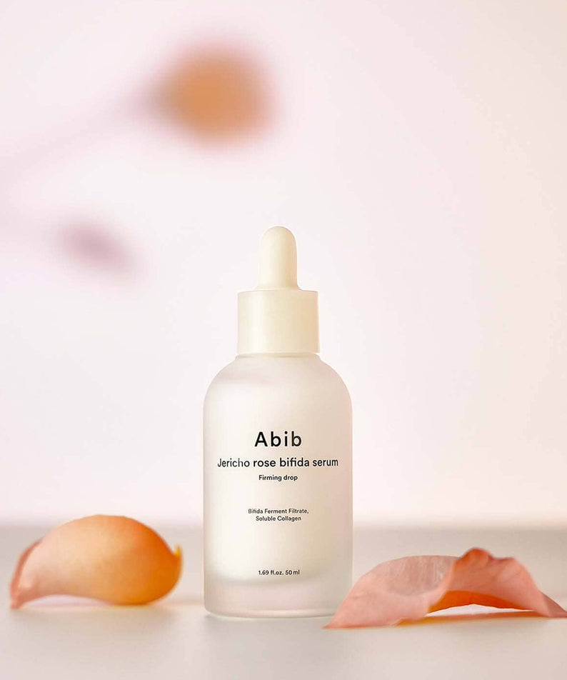 ABIB Resurrection Bifida Serum Firming Drops 50ml sur fond doux et élégant, produit essentiel pour le soin de la peau, 50ml.