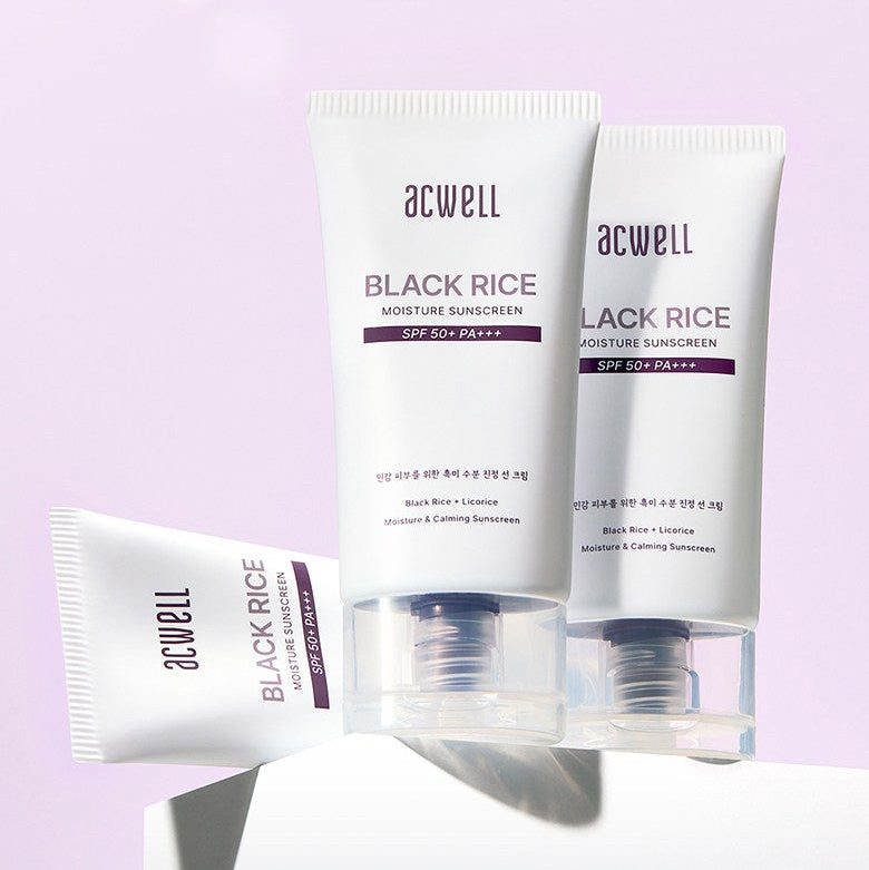 ACWELL Black Rice Moisture Sunscreen SPF50+ PA+++, 50ml : tubes crème avec marque ACWELL sur fond violet.