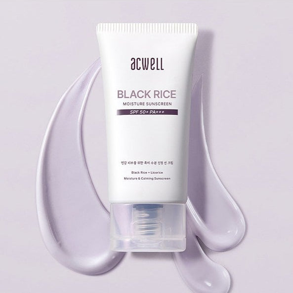 ACWELL Black Rice Moisture Sunscreen SPF50+ PA+++, 50ml, tube de crème solaire noir de la marque sur fond clair