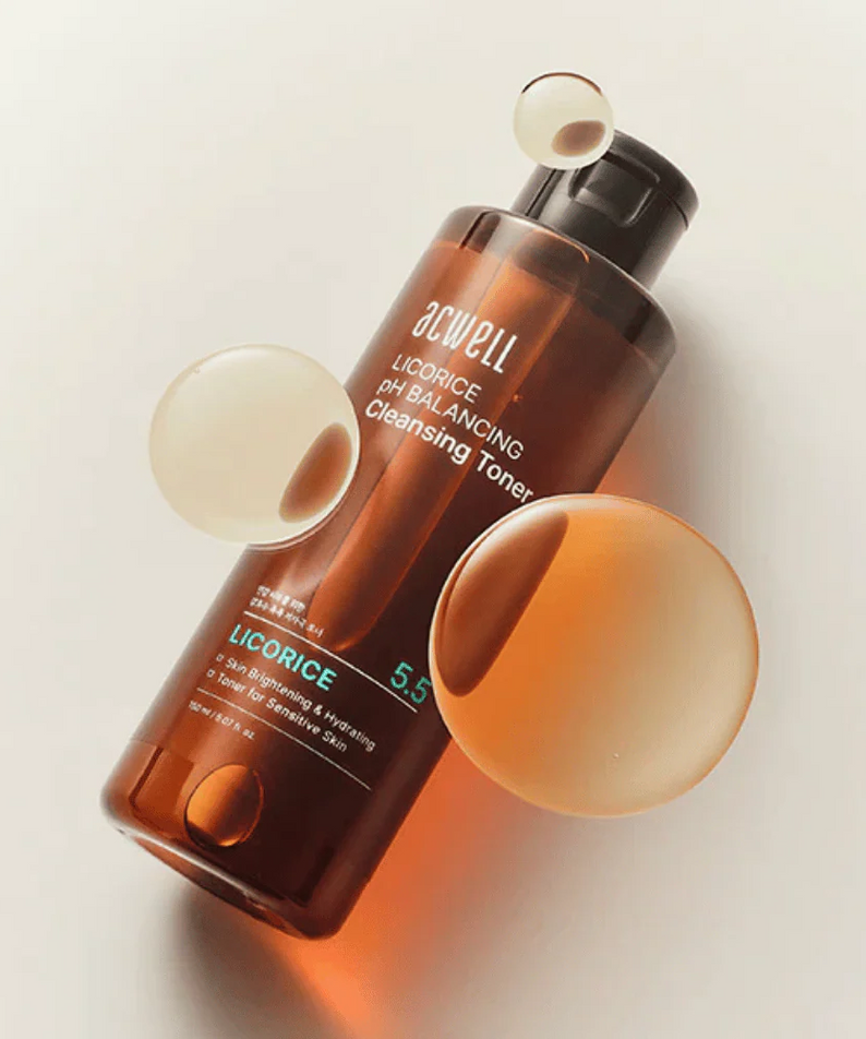 ACWELL Licorice pH Balncing Cleansing Toner 150ml de la marque ACWELL, flacon brun sur fond clair, ambiance soins visage