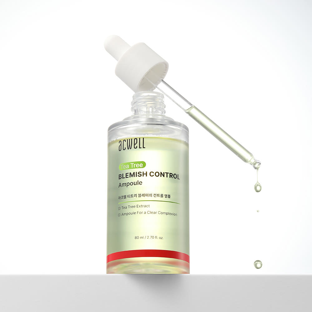 ACWELL Tea Tree Blemish Control PDRN Ampoule 80ml de marque ACWELL, flacon vert avec pipette sur fond blanc.