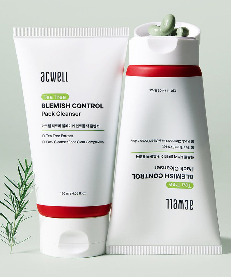 ACWELL Tea Tree Blemish Control Pack Cleanser 120ml de la marque ACWELL, tube et flacon sur fond vert avec plante de tea tree
