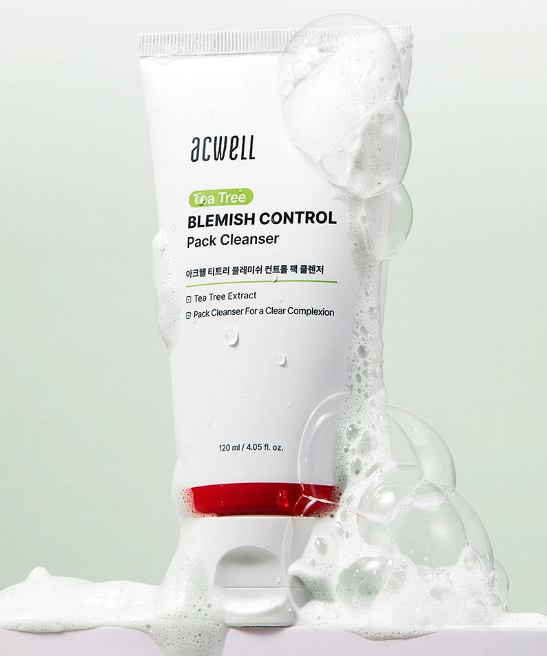 ACWELL Tea Tree Blemish Control Pack Cleanser 120ml de la marque ACWELL, flacon et mousse, contexte beauté