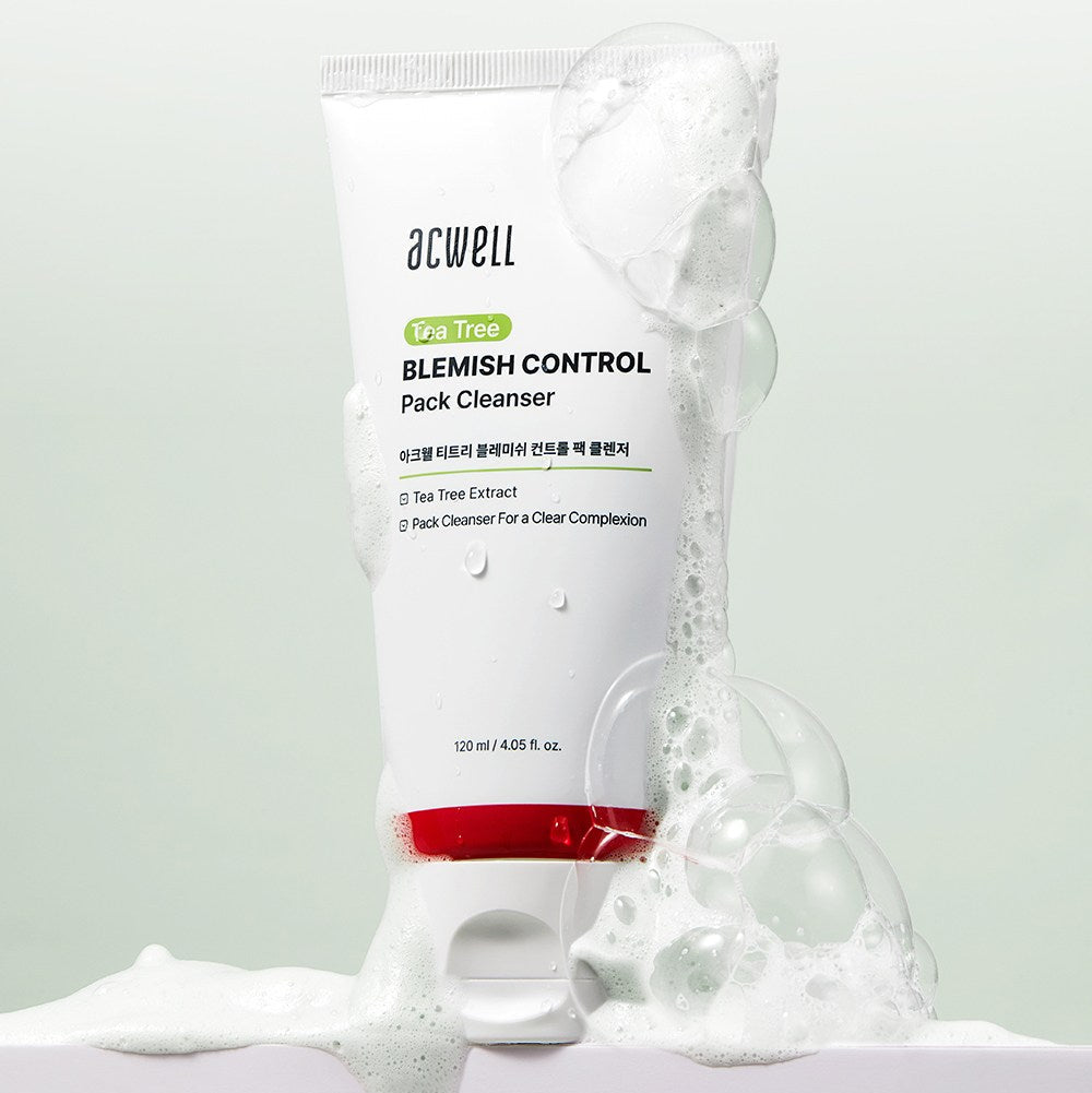 ACWELL Tea Tree Blemish Control Pack Cleanser 120ml de la marque ACWELL, flacon et mousse, contexte beauté