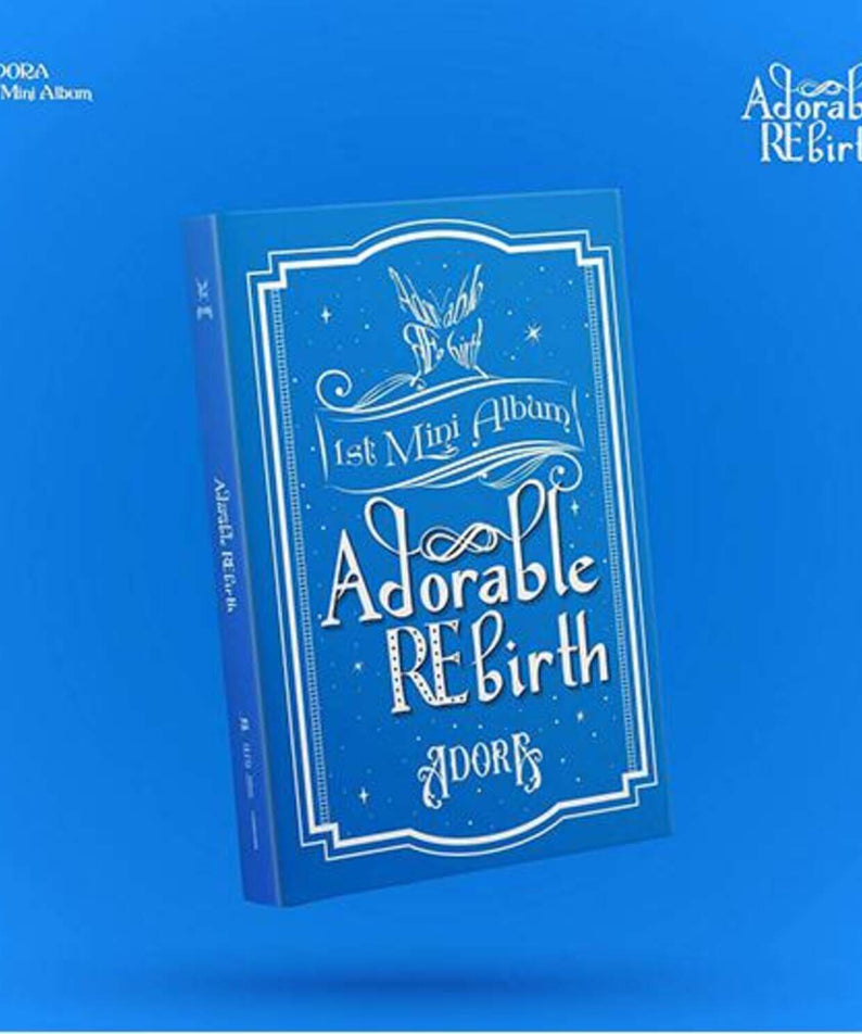 ADORA - 1st [Adorable REbirth] - Album Kpop : couverture mini album bleu avec texte et visuel “Adorable REbirth”