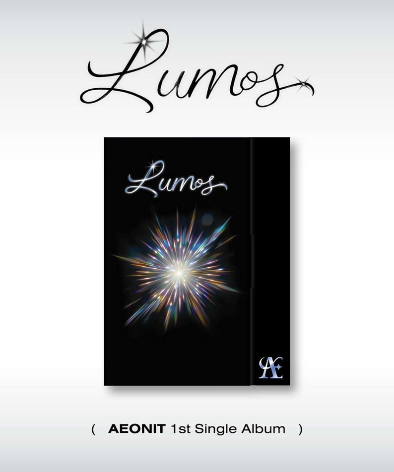 AEONIT - 1st Single Album [LUMOS] - Album Kpop : couverture noire lumineuse avec feu d’artifice, fond clair, produit AEONIT.