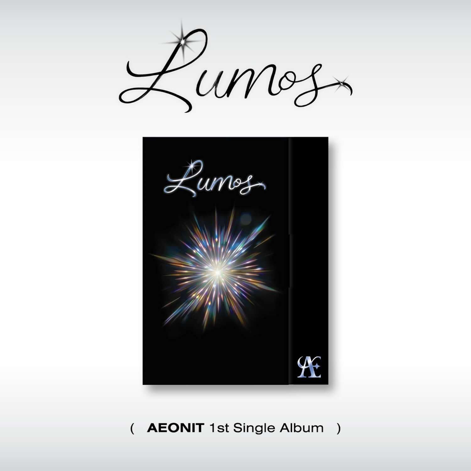 AEONIT - 1st Single Album [LUMOS] - Album Kpop : couverture noire lumineuse avec feu d’artifice, fond clair, produit AEONIT.