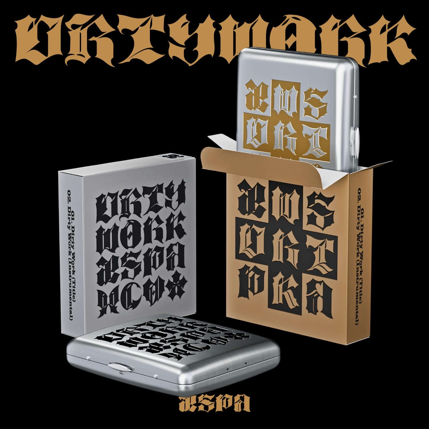 AESPA - [Dirty Work] (Dirty Case Ver.) (Set of 2) - Album Kpop : coffret noir, boîtes dorées, image produit.
