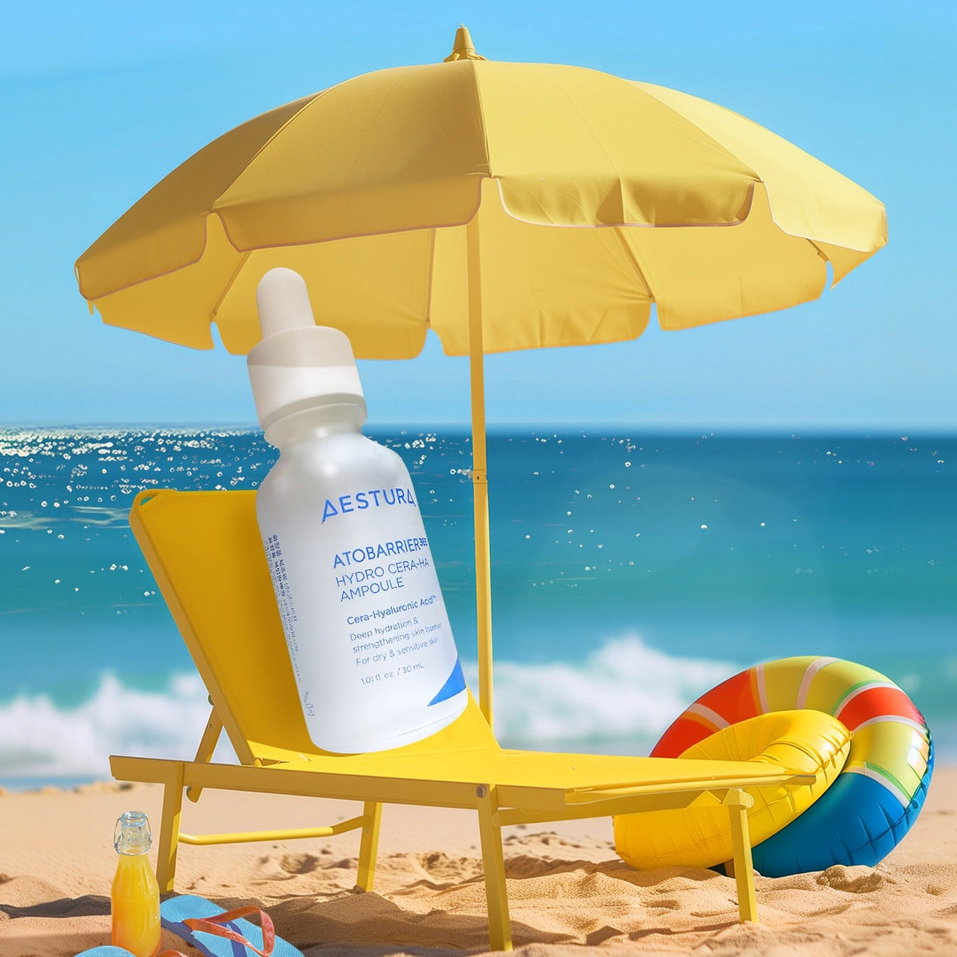 AESTURA  Atobarrier 365 Hydro Cera-HA  Ampoule 30ml : flacon sur plage, soleil, parasol et crème Cera-HA au bord de l’eau