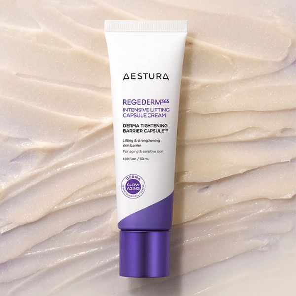 AESTURA Regederm365 Intensive Lifting Capsule Cream 50ml, tube sur tissu beige brillant, marque AESTURA, contexte soin visage