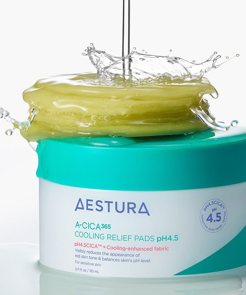 AESTURA Acica 365 Cooling Relief Pad pH 4.5 110ml (60 sheets) hydratant et apaisant avec des tampons rafraîchissants.